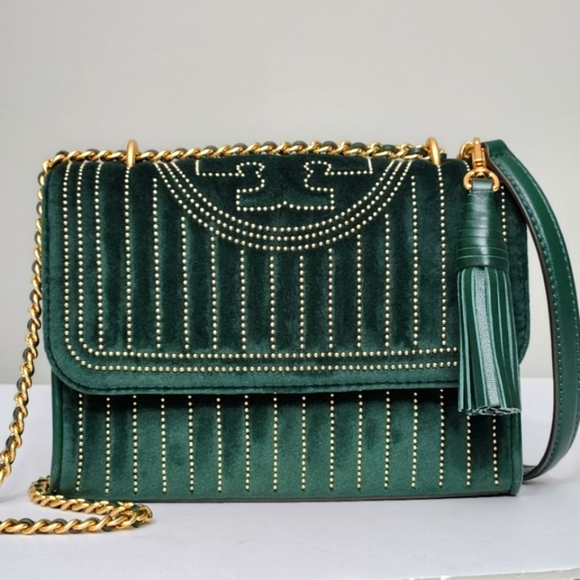 TORY BURCH FLEMING VELVET STUDDED CROSSBODY BAG PINE TREE GREEN - Picture 2 of 7